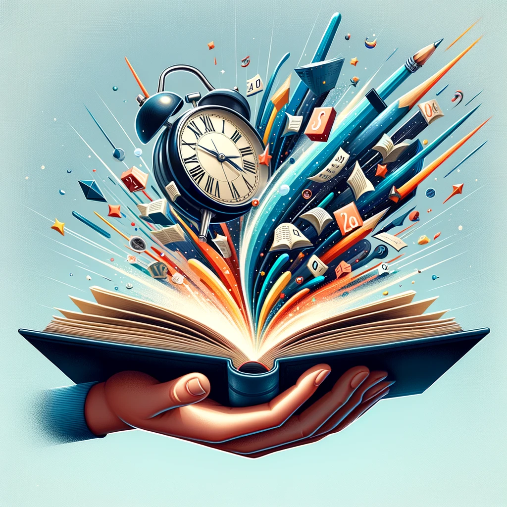 Reloj volando fuera de un libro abierto